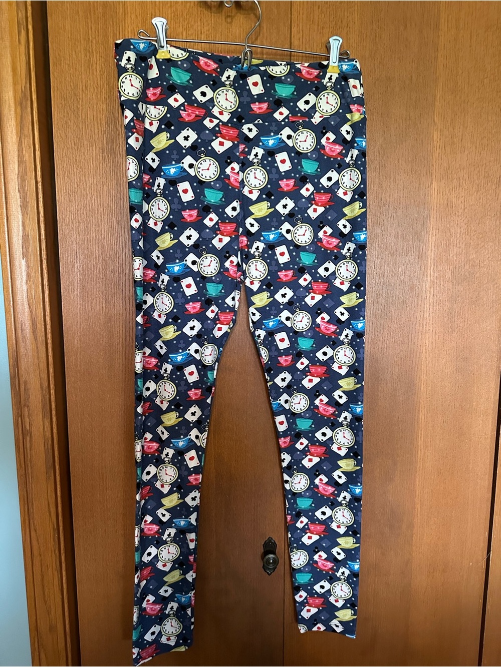 Playful Navy Clock & Teacup Print Women's Leggings